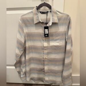 Travis Mathew Cloud Men's Striped Button-Up Shirt in Beige Blue